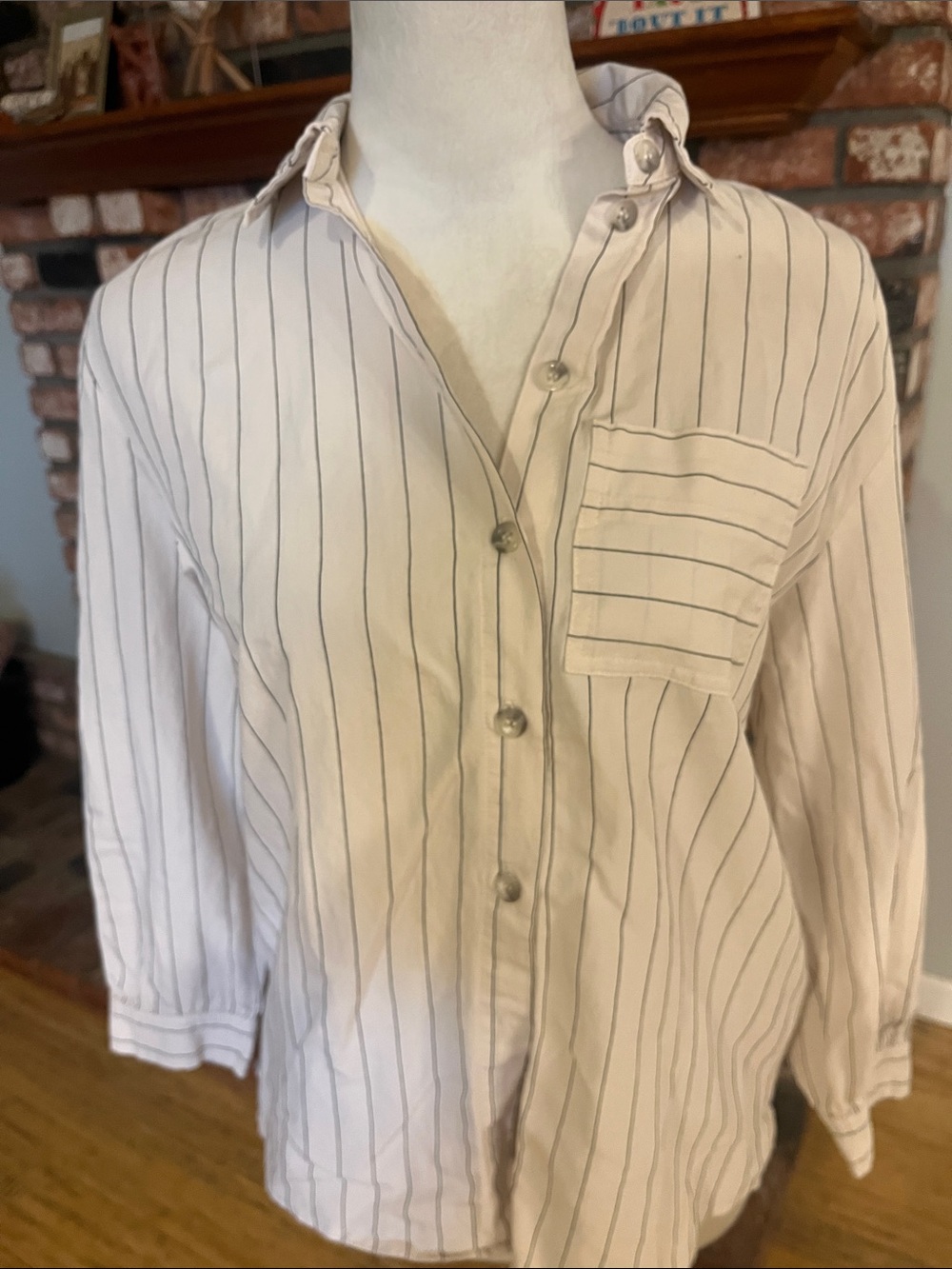 ba&sh Cream Button-Down Shirt with Black Pinstripes